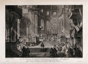 view Saint Januarius: ceremony marking the liquefaction of his blood in Naples cathedral. Etching by G. Martini and L. Germain and engraving by B. Nicolet, after L.J. Desprez.