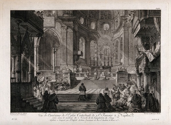 Saint Januarius: ceremony marking the liquefaction of his blood in Naples cathedral. Etching by G. Martini and L. Germain and engraving by B. Nicolet, after L.J. Desprez.