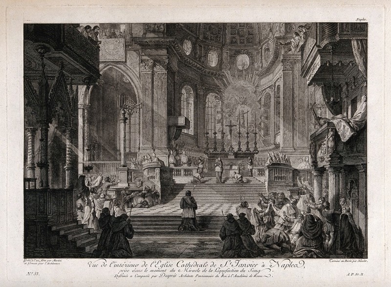 Saint Januarius: ceremony marking the liquefaction of his blood in Naples cathedral. Etching by G. Martini and L. Germain and engraving by B. Nicolet, after L.J. Desprez., 1780-1789, by Louis Jean Desprez