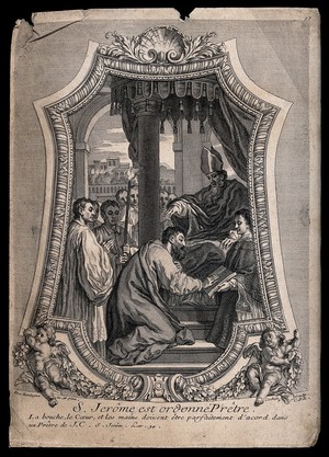 view Saint Jerome: he is ordained priest. Engraving by C.N. Cochin the elder, 1736, after B. de Boullogne.