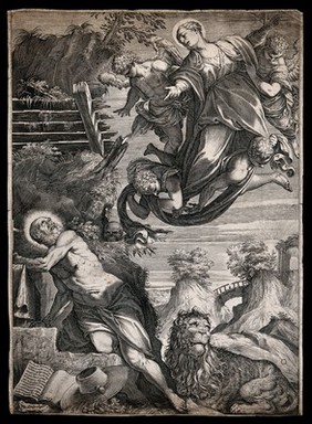 Saint Jerome. Engraving by Agostino Carracci, 1588, after J. Tintoretto.