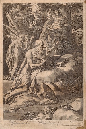 view Saint Jerome. Engraving by C. Cort, 1577, after G.F.M Mazzola, il Parmigianino.