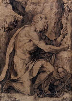 view Saint Jerome. Engraving by Agostino Carracci.