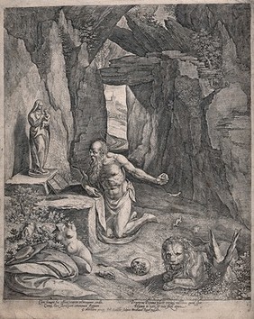 Saint Jerome. Engraving by J. Sadeler I after G. Mostaert.