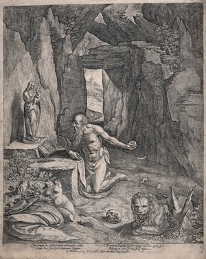 view Saint Jerome. Engraving by J. Sadeler I after G. Mostaert.