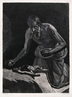 Saint Jerome. Etching by E. Lemus y Olmo after L. Tristan de Escamilla.