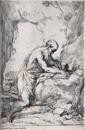 view Saint Jerome. Etching by B. Biscaino.