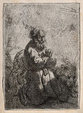 Saint Jerome. Etching by Rembrandt van Rijn.