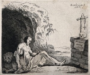 view Saint Jerome. Etching by imitator of Rembrandt van Rijn.