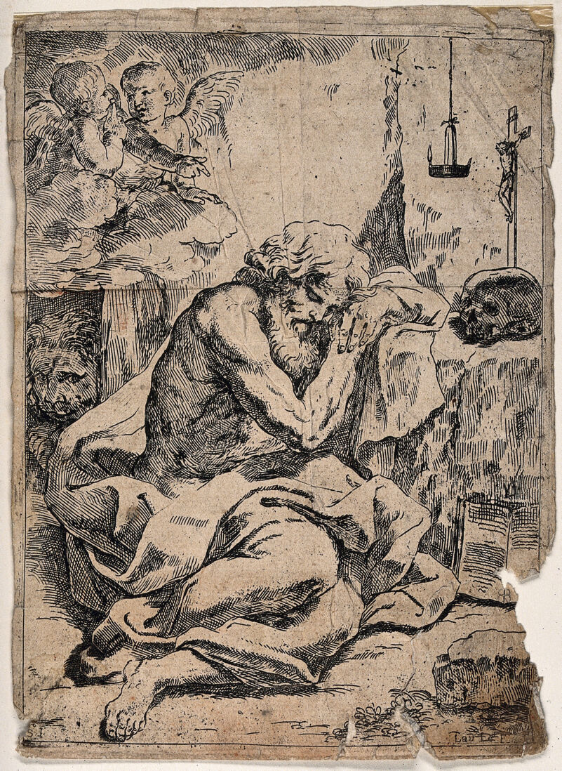 Saint Jerome. Etching by L. Loli after G.A. Sirani., 1600-1699, by Giovanni Andrea Sirani