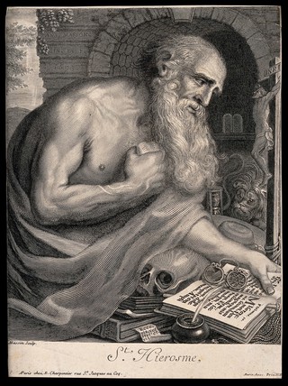 Saint Jerome. Line engraving by A. Masson after himself, 1693.