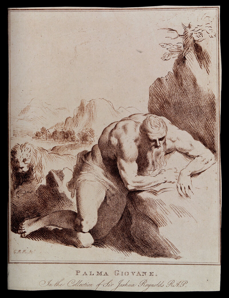 Saint Jerome. Crayon manner print by C.M. Metz after J. Palma., 1798, by Palma il Giovane