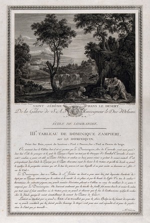 view Saint Jerome. Engraving by J. Mathieu and F. Dequevauviller after D. Zampieri, il Domenichino.