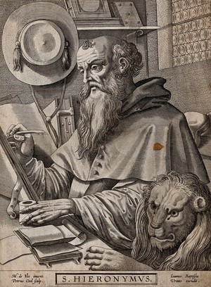 view Saint Jerome. Engraving by P. Cool after M. de Vos.