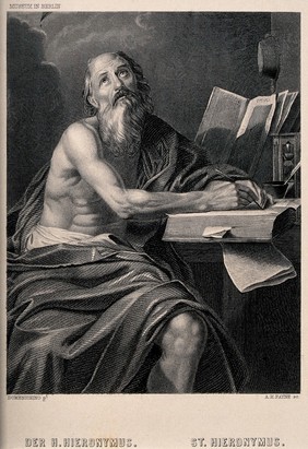 Saint Jerome. Stipple engraving by A.H. Payne after D. Zampieri, il Domenichino.