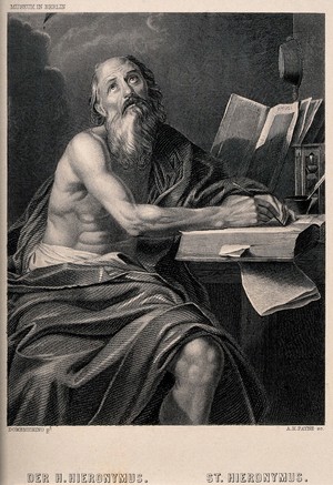 view Saint Jerome. Stipple engraving by A.H. Payne after D. Zampieri, il Domenichino.