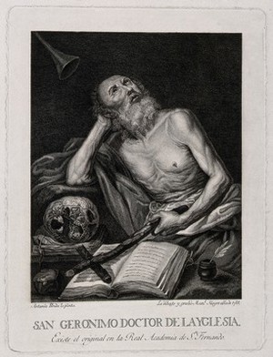 view Saint Jerome. Line engraving, by M. Alegre, 1788, after A. Pereda.