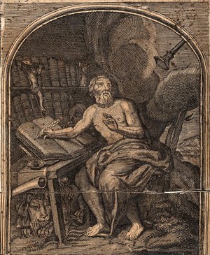 view Saint Jerome: he hears an angel blowing the last trump. Line engraving after A. Dieu.