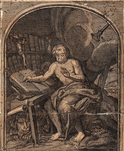 Saint Jerome: he hears an angel blowing the last trump. Line engraving after A. Dieu.