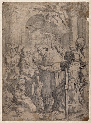 view Saint Jerome. Etching by F. Paria after Agostino Carracci.