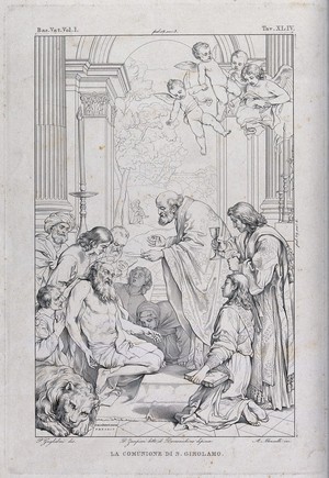 view Saint Jerome. Engraving by A. Mannelli after P. Guglielmi after D. Zampieri, il Domenichino.