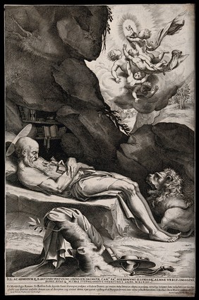 The death of Saint Jerome. Engraving by L. Ciamberlano, 1624.