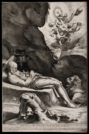 view The death of Saint Jerome. Engraving by L. Ciamberlano, 1624.