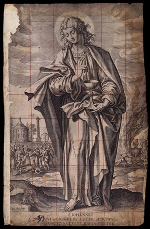 view Saint John the Evangelist. Line engraving by A. Collaert after M. de Vos.