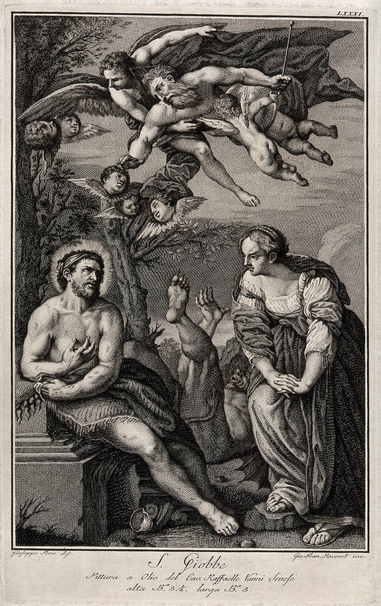 Job and his wife. Engraving by G.F. Ravenet after G. Perci after R. Vanni., by Raffaello Vanni