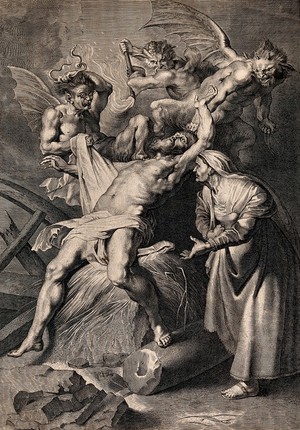 view Job tormented by demons; his wife urges him to curse God. Line engraving by L. Vorsterman after Sir P.P. Rubens.