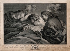 view Saint Joseph: his death, attended by the Virgin Mary and Jesus Christ. Line engraving by A. Bannerman, 1766, after a painting attributed to D. Velasquez.