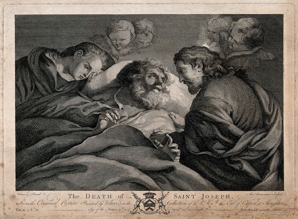 Saint Joseph: his death, attended by the Virgin Mary and Jesus Christ. Line engraving by A. Bannerman, 1766, after a painting attributed to D. Velasquez.