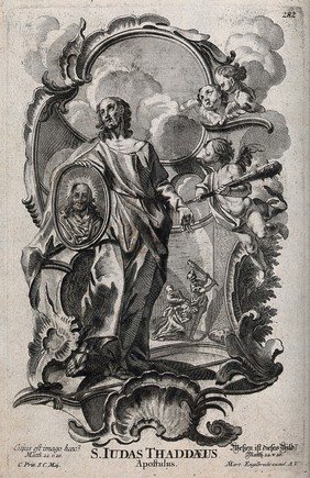 Martyrdom of Saint Jude. Engraving by M. Engelbrecht.