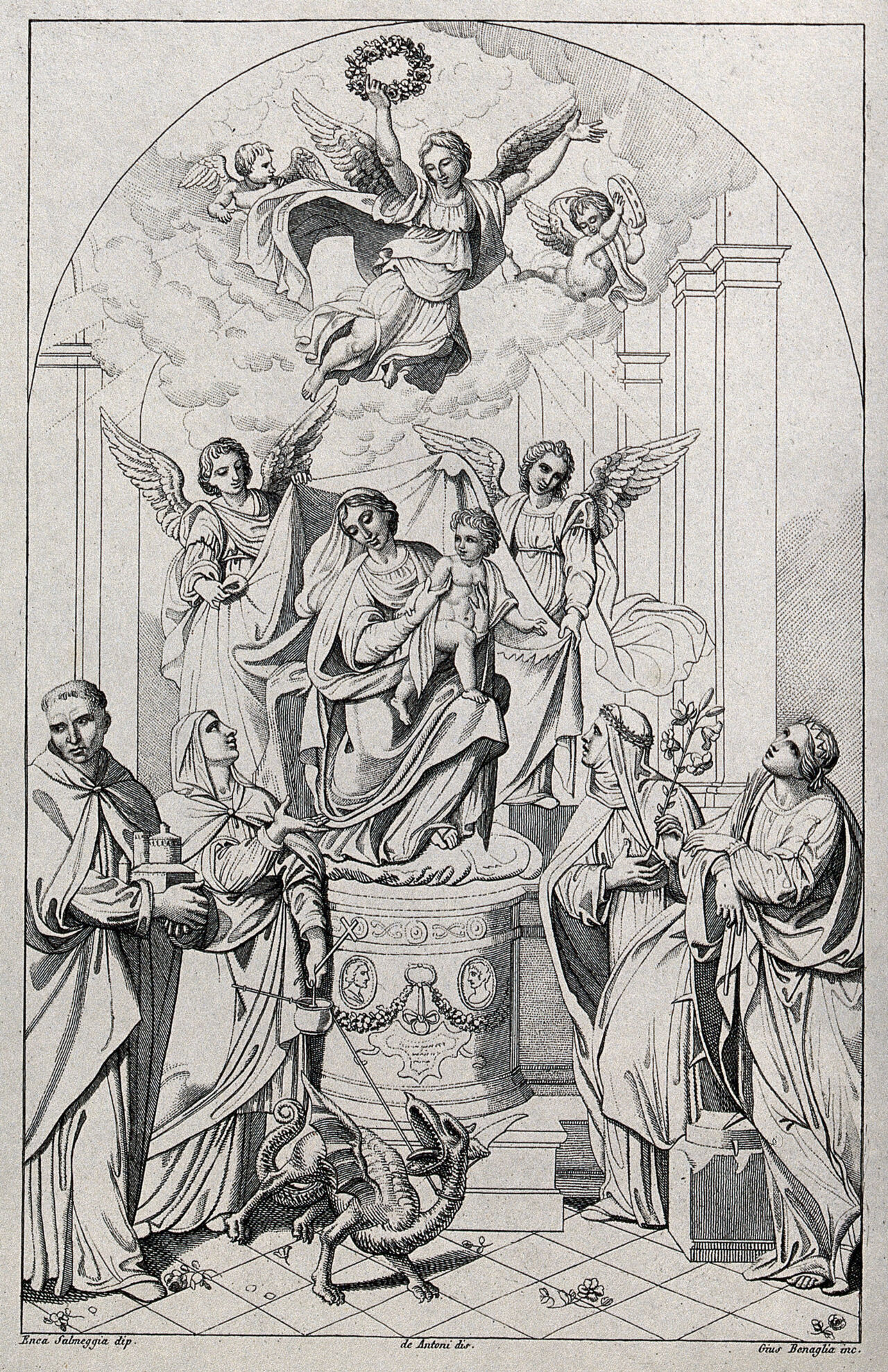 Saint Mary (the Blessed Virgin) with the Christ Child and angels, accompanied by Saint Margaret, Saint Adelaide (?), Saint Catherine, and other saints. Etching by G. Benaglia, 1812, after A. De' Antoni after E. Salmeggia., 1812, by Enea Salmeggia