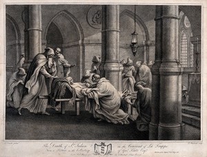 view The death of Saint Julian at the monastery of la Trappe. Stipple engraving by F. Haward, 1784, after A. Zucchi.