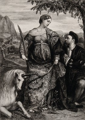 Saint Justina, with a unicorn and a man praying to her. Etching by W. Unger after Moretto of Brescia.