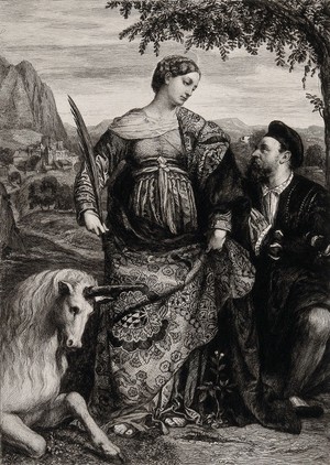 view Saint Justina, with a unicorn and a man praying to her. Etching by W. Unger after Moretto of Brescia.