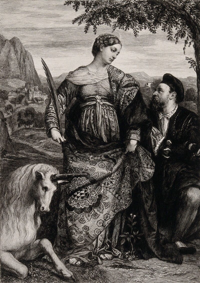 Saint Justina, with a unicorn and a man praying to her. Etching by W. Unger after Moretto of Brescia., by Moretto da Brescia