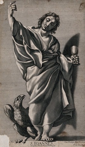 Saint John the Evangelist. Line engraving by F. de Louvement after H. Trudon after G. Lanfranco.