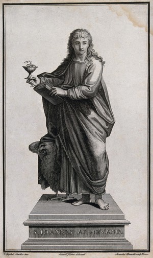 view Saint John the Evangelist. Line engraving by S. Bianchi after G. Petrini after Raphael.