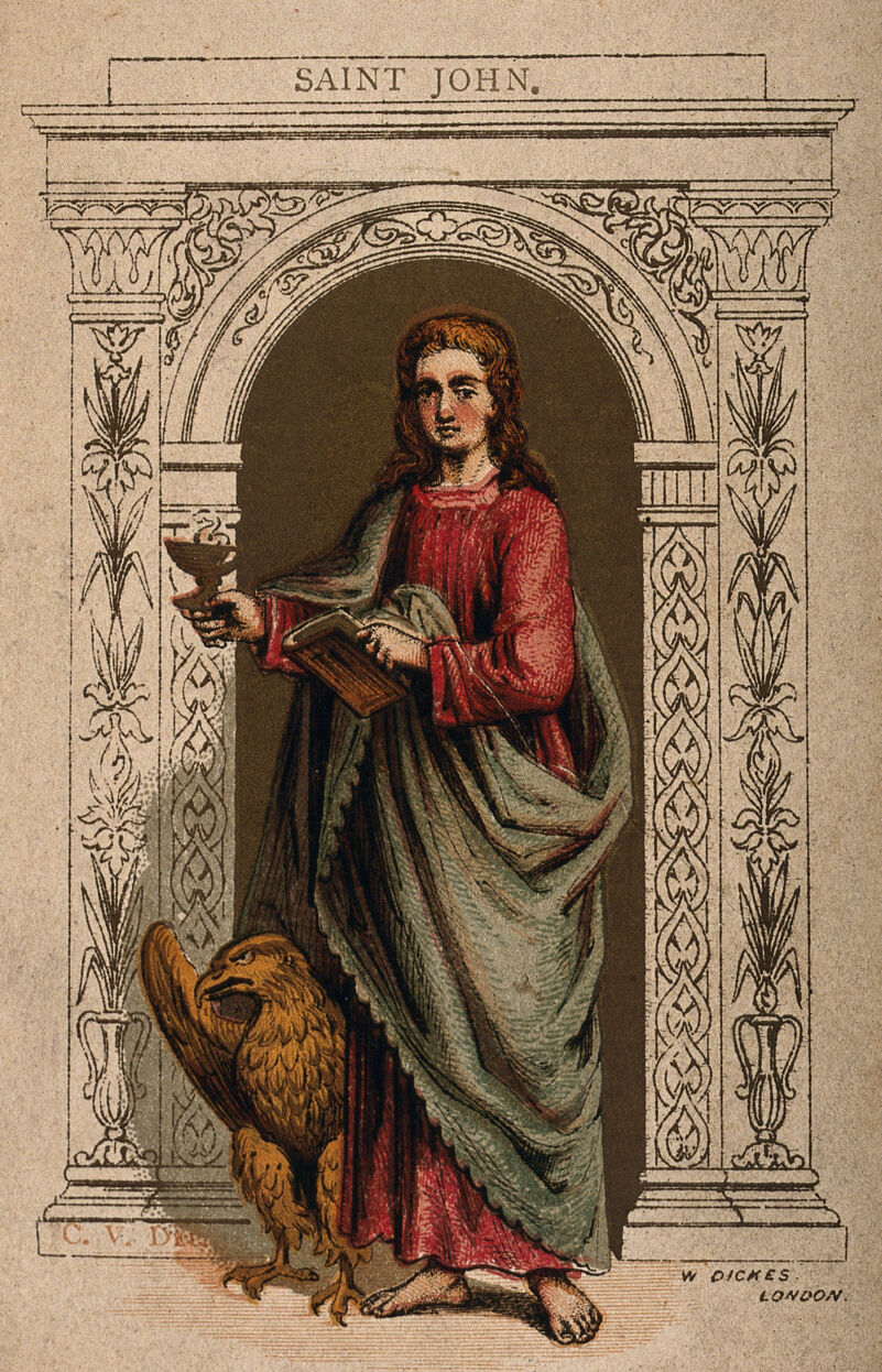 Saint John the Evangelist. Colour woodcut (?) by W. Dickes after C.V., 1800-1899, by William Dickes