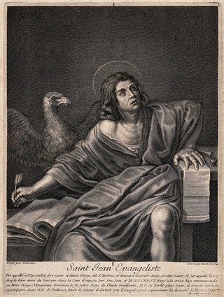 Saint John the Evangelist. Line engraving by N. Bazin, 1704, after Valentin de Boulogne.