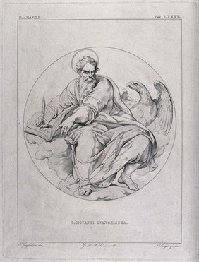 Saint John the Evangelist. Engraving by N. Sangiorgi after P. Guglielmi after G. de' Vecchi.