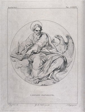 view Saint John the Evangelist. Engraving by N. Sangiorgi after P. Guglielmi after G. de' Vecchi.