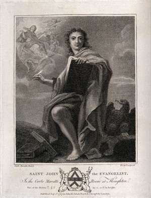 view Saint John the Evangelist. Stipple engraving by L.C. Ruotte the elder, 1787, after C. Maratta.