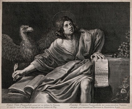 Saint John the Evangelist. Line engraving by G. Rousselet after Valentin de Boulogne.