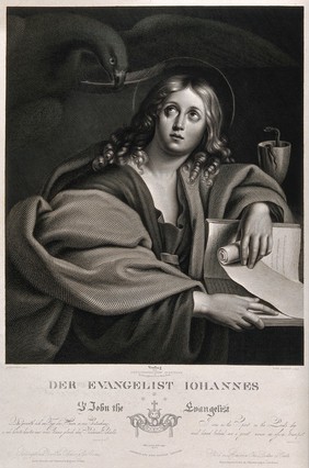 Saint John the Evangelist. Line engraving by F. Bahmann, 1834, after D. Zampieri, il Domenichino.