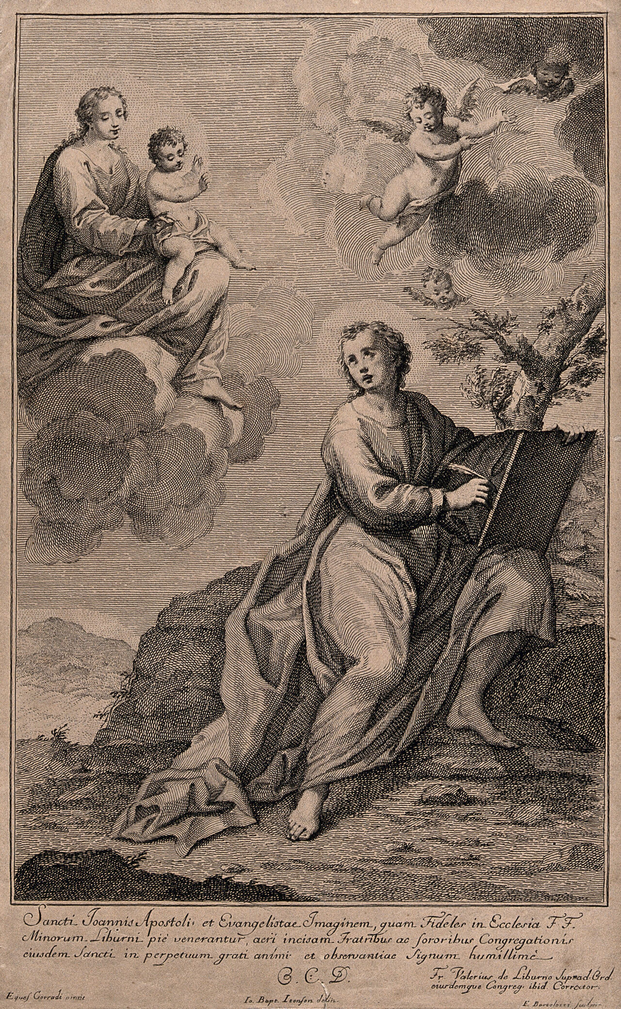 Saint John the Evangelist. Engraving by F. Bartolozzi after G.B. Itonson after F. Curradi., by Francesco Curradi