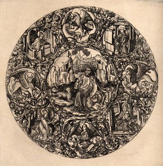 Saint John the Baptist or the Evangelist (?), with the Doctors of the Church and the symbols of the evangelists. Etching (?) after the Master E.S., 1466.