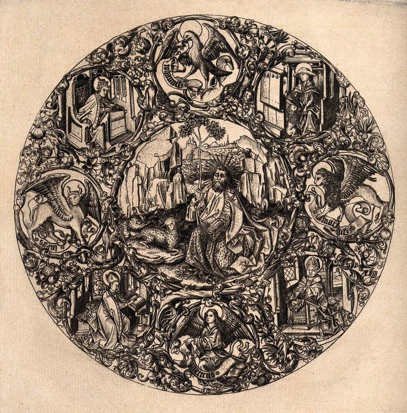 Saint John the Baptist or the Evangelist (?), with the Doctors of the Church and the symbols of the evangelists. Etching (?) after the Master E.S., 1466., by Master E. S.